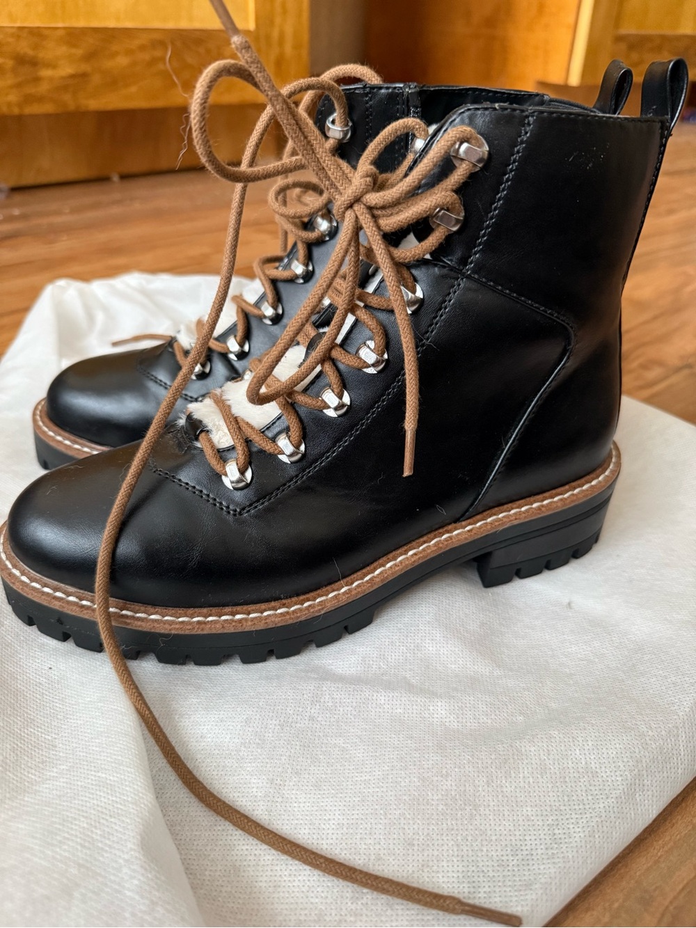 a new day Black Leather Combat Boots with Brown Laces